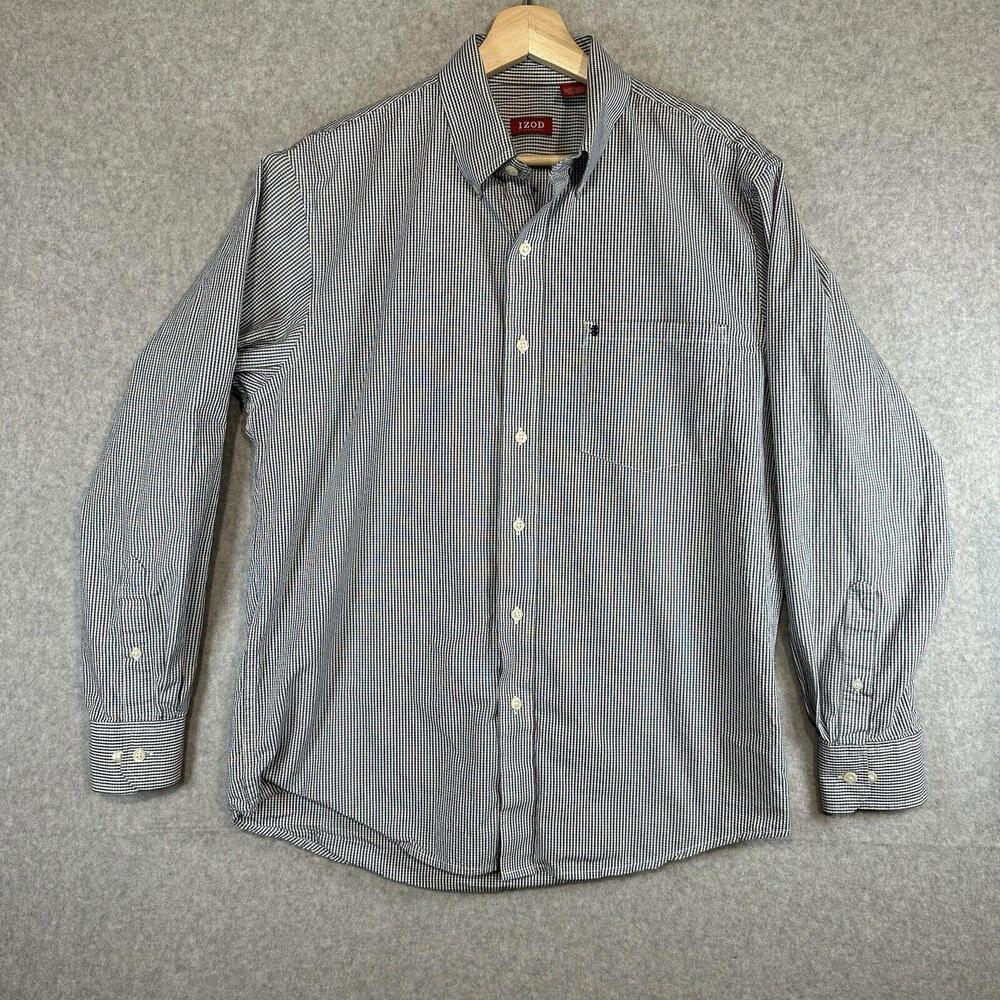 IZOD Shirt Mens Size M Gray Striped Luxury Sport Long Sleeve Collar Button Down